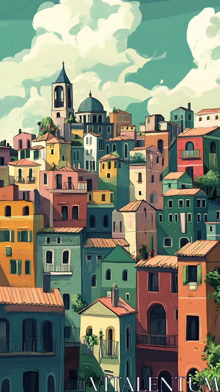 Colorful hillside town glows gently under soft summer clouds