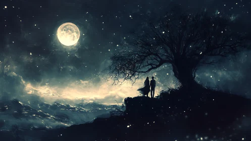 Moonlit Silhouettes: Figures Stand Beneath Full Moon Over Nocturnal Landscape.