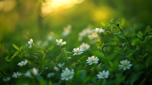 White Wildflowers in Spring Meadow with Soft Bokeh.