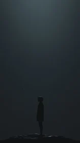 Silhouette of lone person stands on dark ridge at night