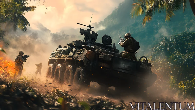 Armored convoy storms a misty jungle battlefield at dawn.