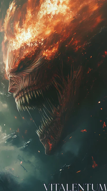 Digital painting of infernal flaming titan head profile composition.