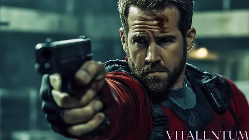 Armed tactical operative aims handgun in tense close-up frame