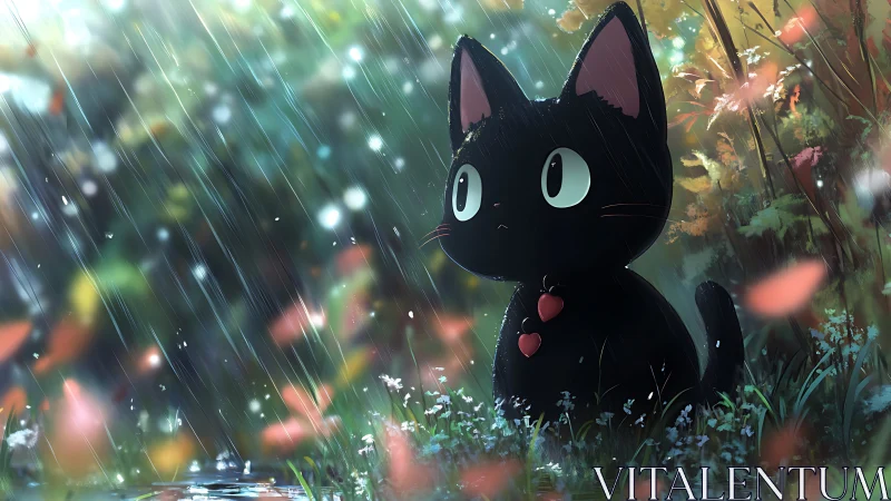 Black anime cat in rainy forest glade with red heart collar.