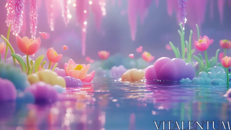 Dreamy Tulip Garden with Pastel Orbs and Glowing Bokeh Lights