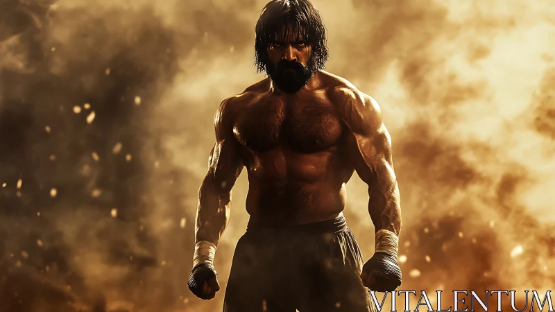 Storm-forged fighter strides through blazing battle haze.