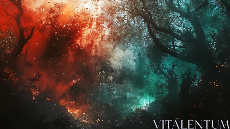 Dual-Realm Forest: Luminous Contrast Between Fire and Frost Atmospheres