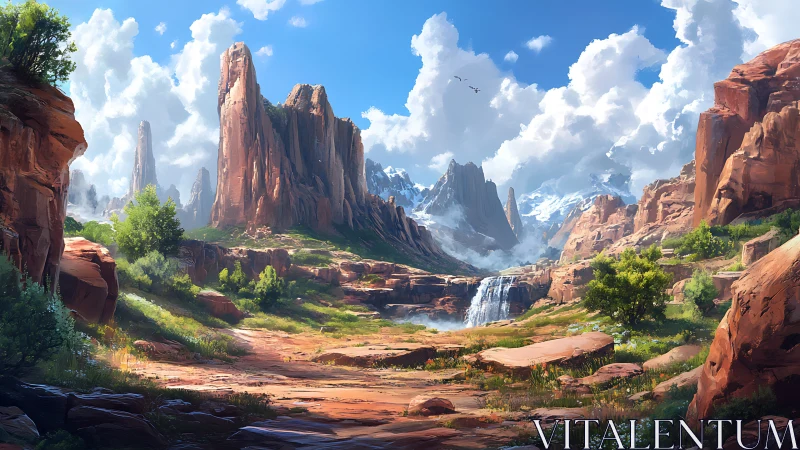 Sunlit canyon panorama reveals waterfall amid towering buttes