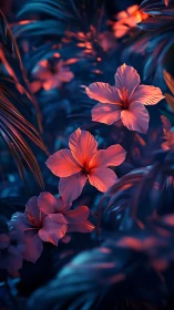 Neon Hibiscus Blooms Glow Against Deep Blue Tropical Nights