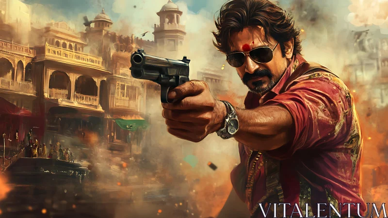 Dynamic action portrait with pistol, depth-of-field and warm haze