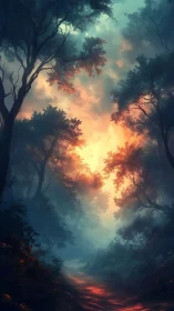 Mystical Forest Canopy at Golden Dawn with Atmospheric Light