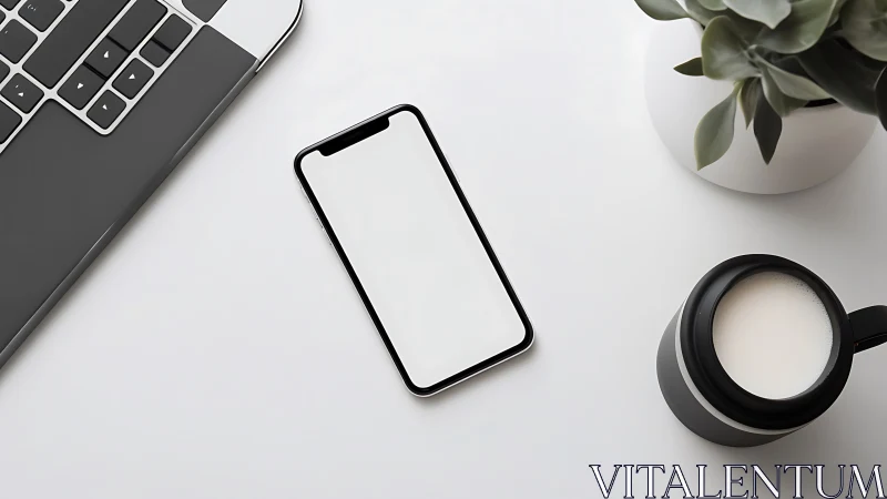 Minimal workspace with smartphone, laptop, plant, coffee mug.