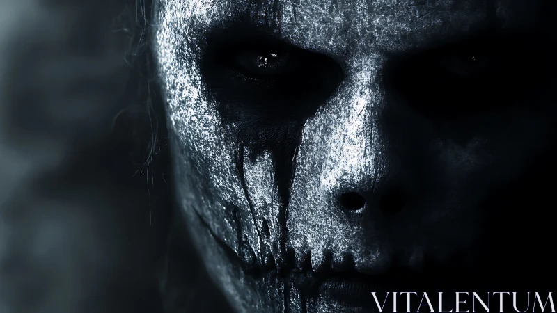 High-contrast skull face makeup with cinematic low-key lighting