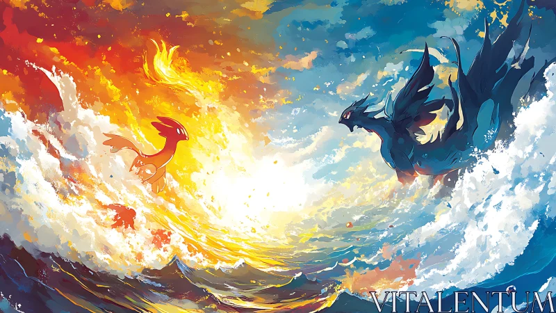 Fiery and ocean guardians meet in a swirling sky of color.