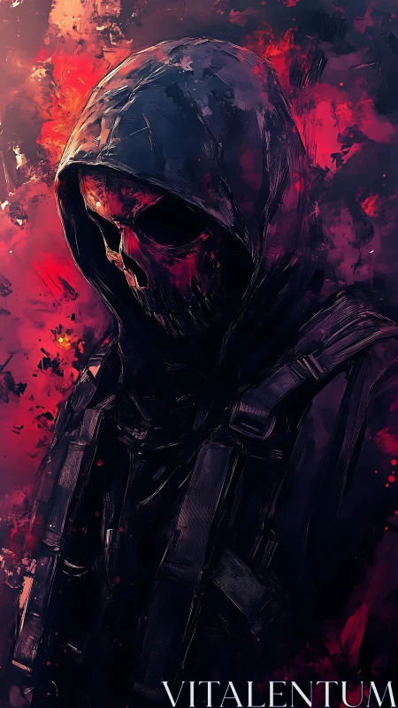 Hooded skeletal warrior emerges from burning crimson void.