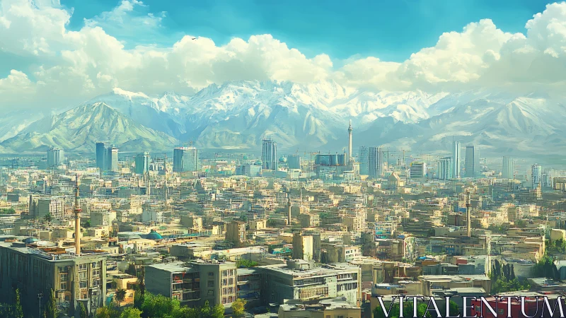 Sunlit city skyline framed by snow-capped mountain range.