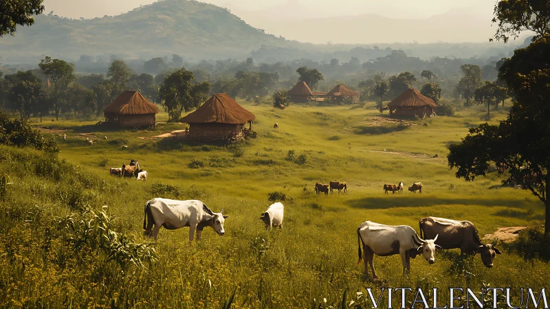 Photorealistic pastoral scene with grazing cattle and rondavel huts.