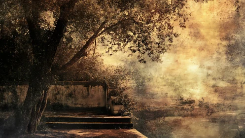 Sepia twilight terrace where time lingers in painted haze.