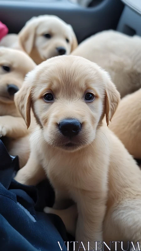 Golden retriever puppies huddled in soft car interior.