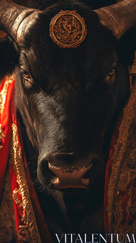 Bull head framed by ornate red and gold ceremonial cloth