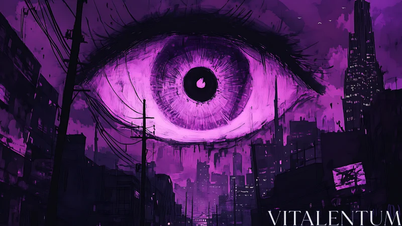 Violet vigil eye haunts a neon-soaked, watching cityscape.