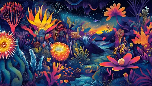 Luminous fantasy jungle glows under a dreamy twilight sky.