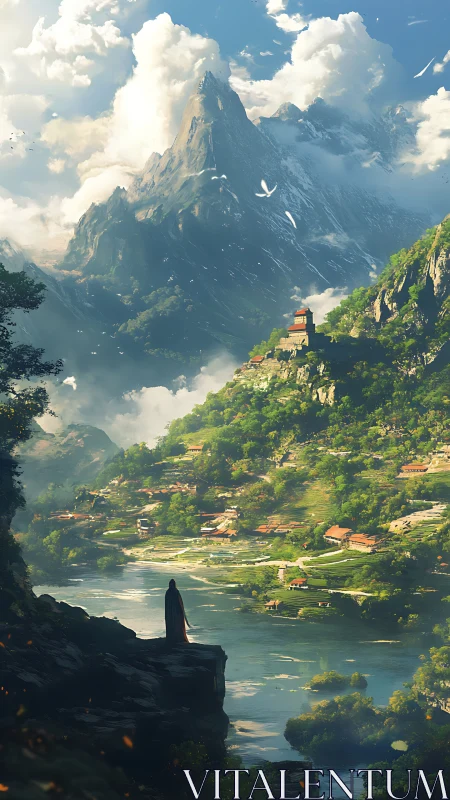 Mountain valley river with terraced village and lone figure.