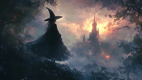 Silhouetted figure in pointed hat observes distant lit castle