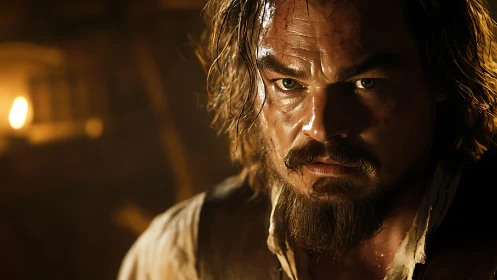 Weathered survivor gazes ahead with intense determination