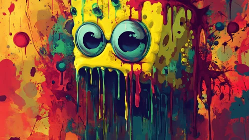 Neon drip portrait of cartoon sponge face in liquid acrylics