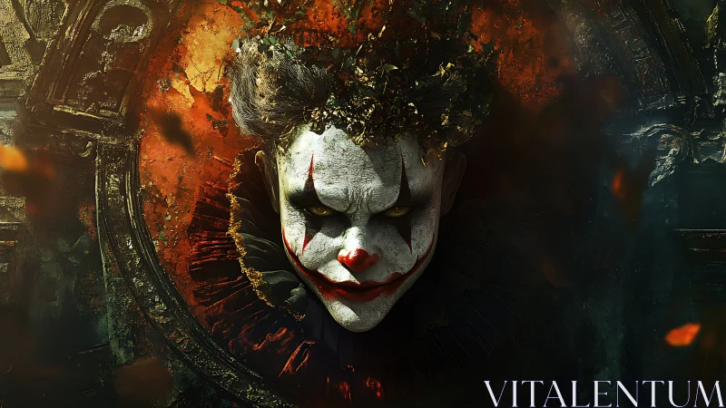 Digital painting of sinister clown within burning baroque frame.