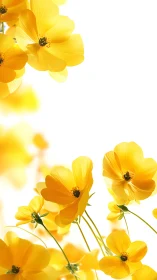 Yellow cosmos flowers arranged in vertical frame with white background space