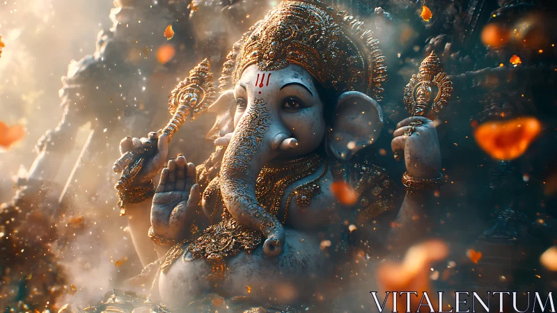 Radiant Ganesha idol glowing in swirling golden petals.