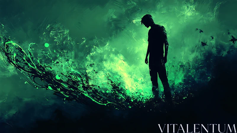 Silhouette dreamwalker adrift in neon-tide solitude.