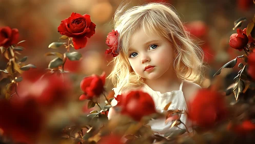 Young Girl Among Blooming Red Roses in Warm Light.