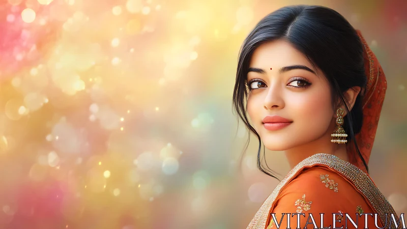 Graceful woman in orange sari against dreamy bokeh glow.