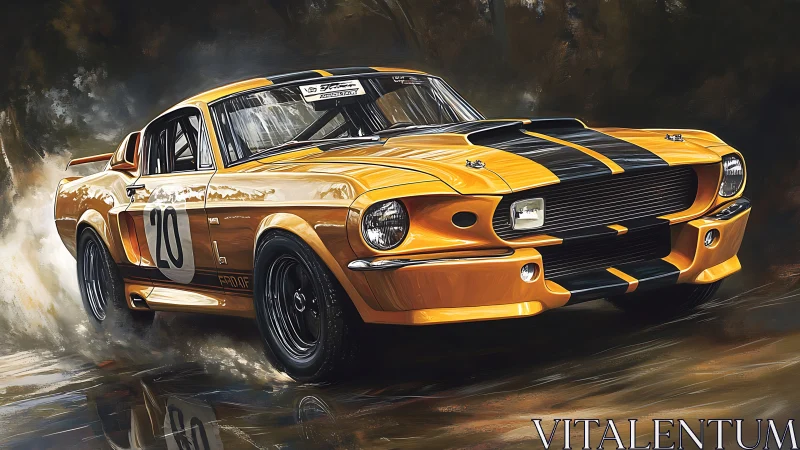 Yellow classic racing car on wet track in motion.