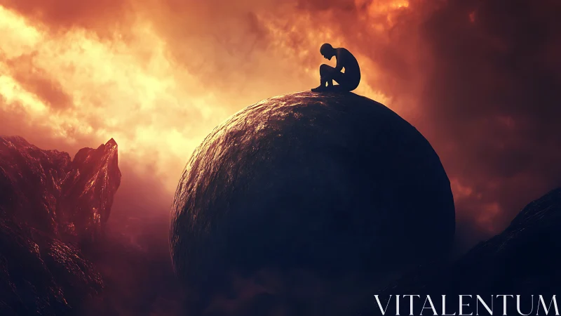 Solitary thinker perched on a cosmic stone beneath fire-sky.