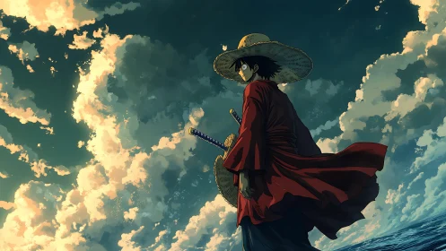 Straw-hatted figure stands against low-angle clouded sky
