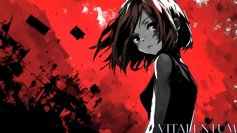 Quiet anime heroine framed by bold red emotion.