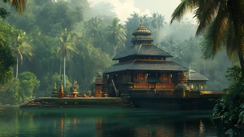 Jungle river temple with tiered roof and misty palm forest.