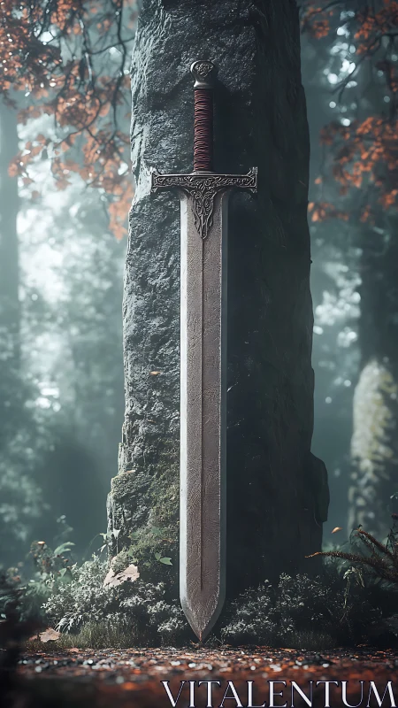 Forest stone keeps a sleeping greatsword poised for forgotten quests