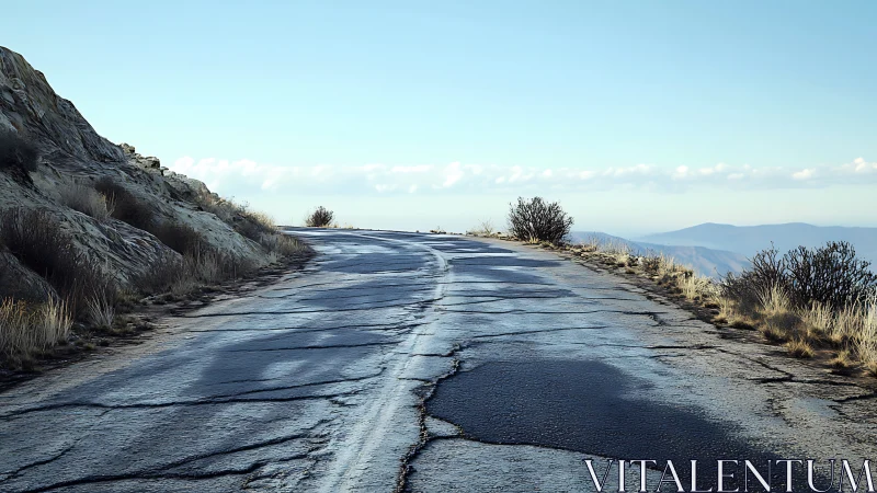 Weathered mountain road curling toward a pale blue horizon.