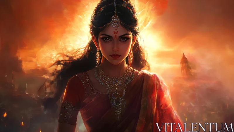 Divine warrior goddess emerges from blazing sunset fire