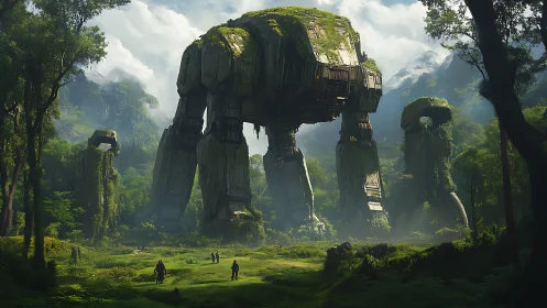 Gentle forest colossus resting among quiet mossy ruins.