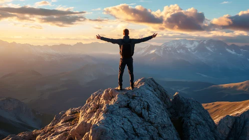 Figure stands on rocky summit observing distant mountain range