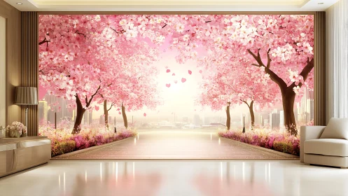 Sakura wall mural uniting interior minimalism and cityscape bloom.