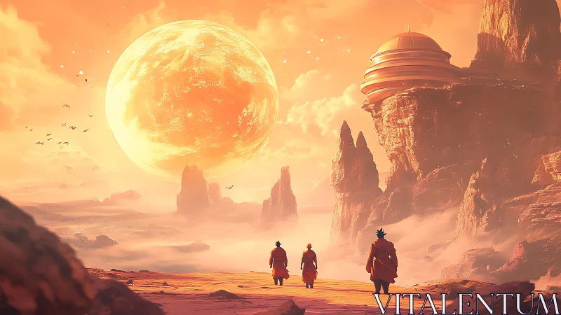 Solar colossus over alien mesa city with robed travelers.