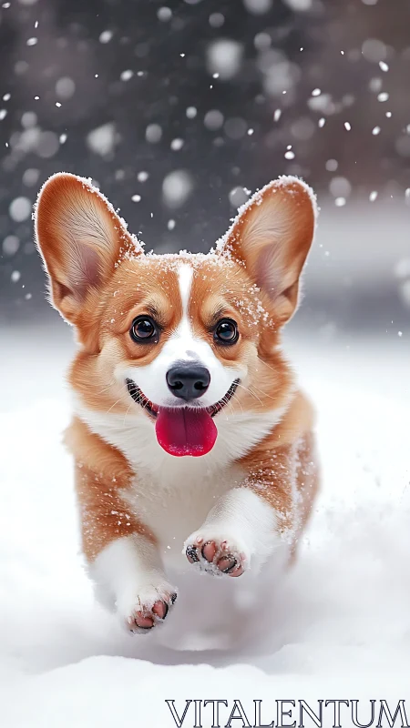 Joyful corgi dashes through fresh winter snow in mid-leap