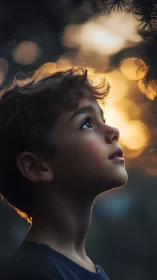 Child gazing upward toward warm golden light